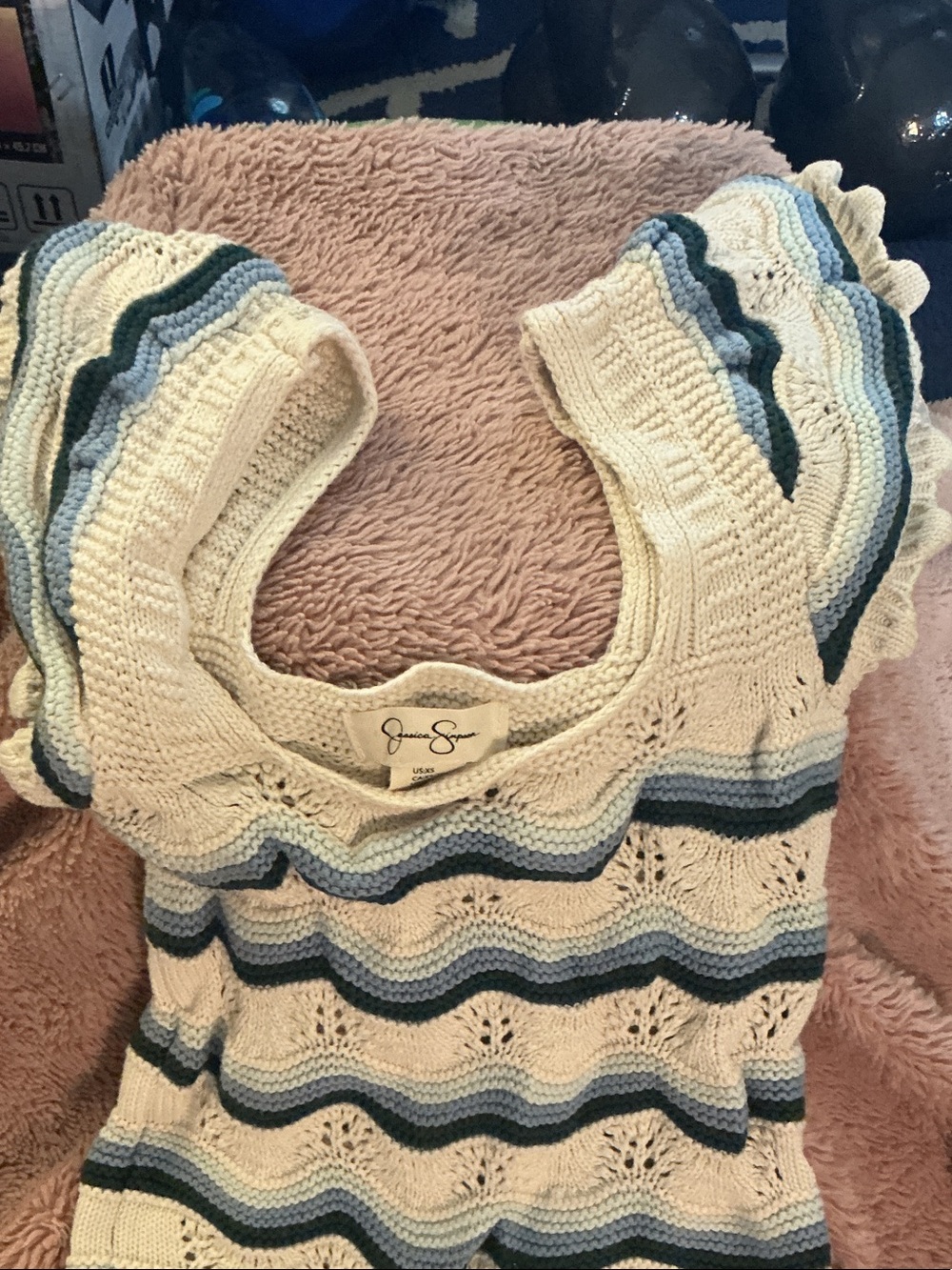 Jessica Simpson Cream Knit Sweater with Blue & Teal Stripes